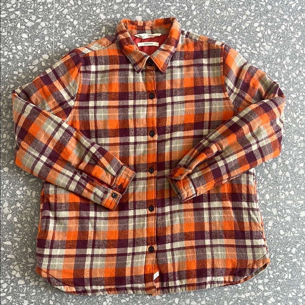 Woolrich Orange and Purple Plaid Button Down Jacket Puff Flannel